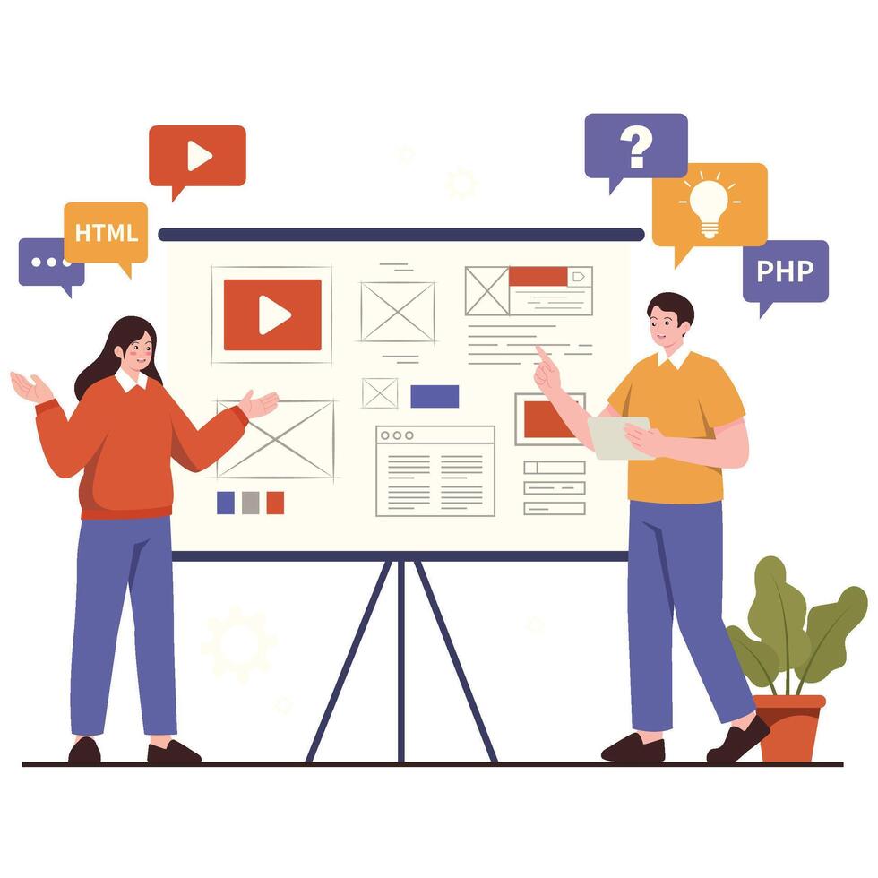 Two people discussing web development ideas vector
