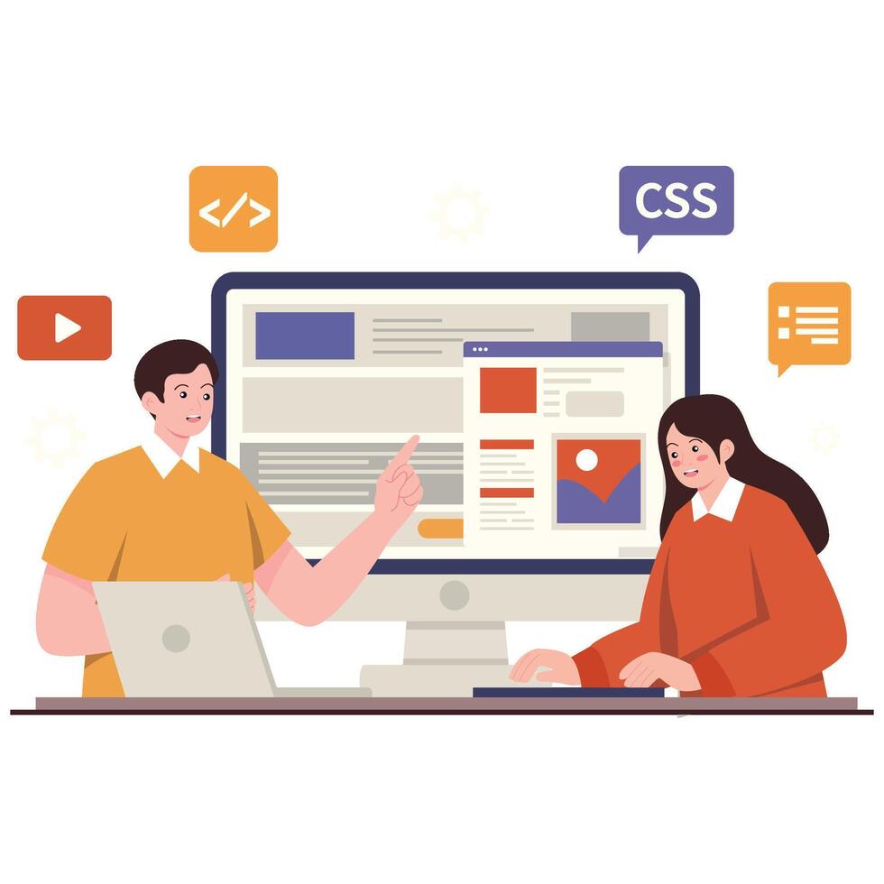 Two people working on web development vector