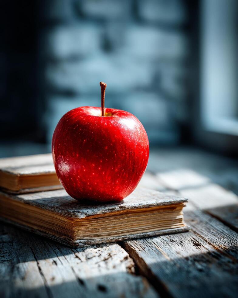 Perfect red apple placed on stack of vintage books on weathered wooden surface, symbolizing education, knowledge and traditional learning. photo