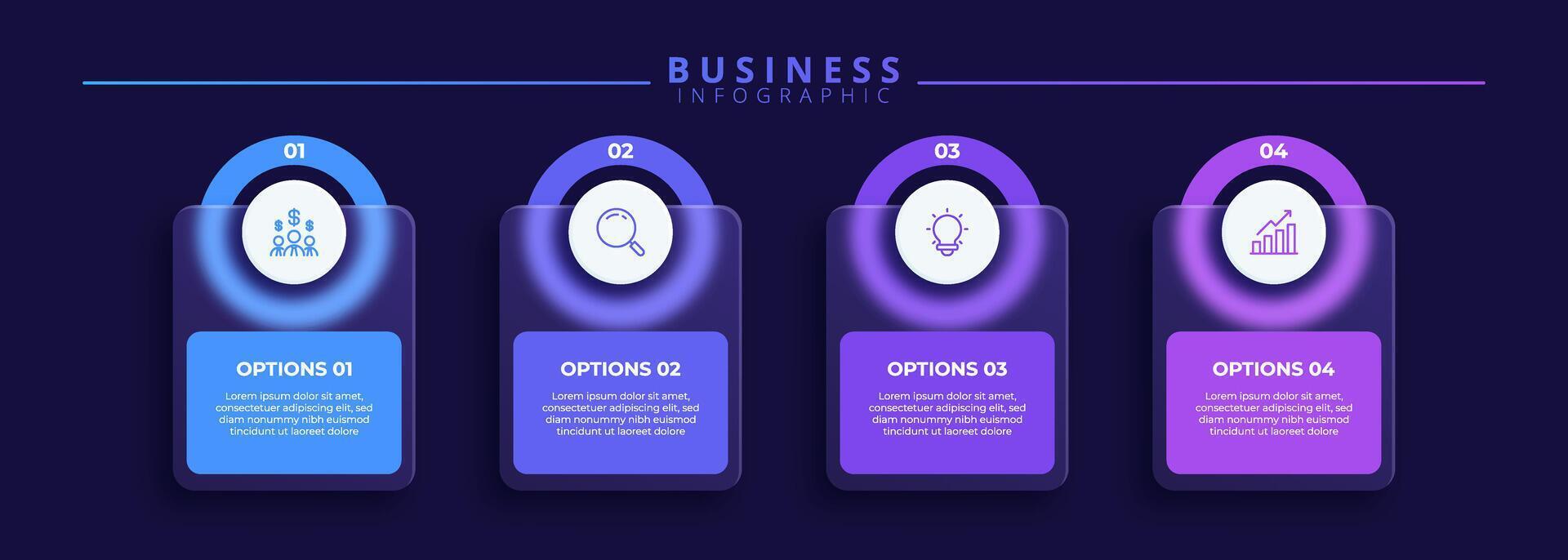 Design template for infographic labels with icons and 4 options or steps. Suitable for process diagrams, presentations, workflow layouts, banners, charts, and infographics. vector
