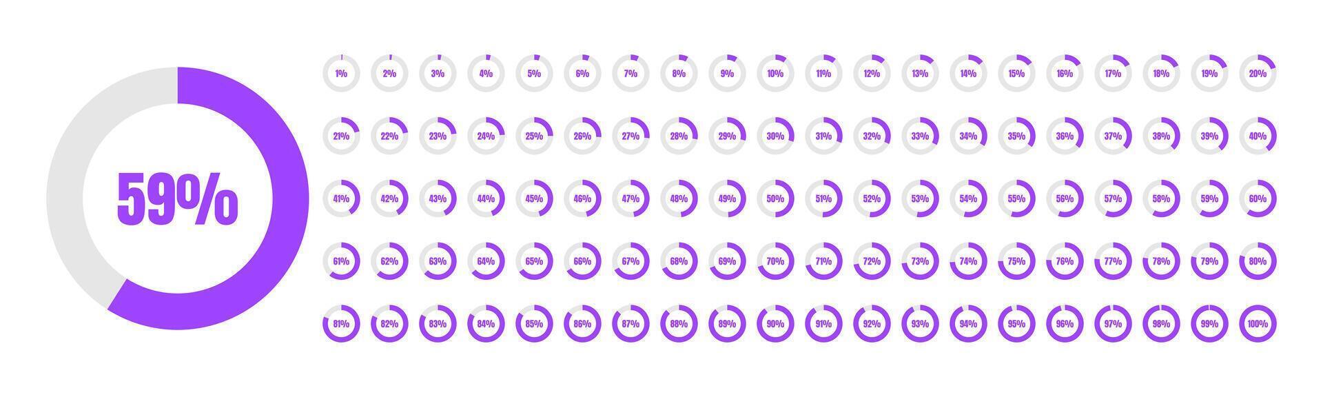 Infographic set of purple pie charts representing data segments from 0 to 100. Modern flat elements for statistics, analytics, loading progress indicators, dashboards vector