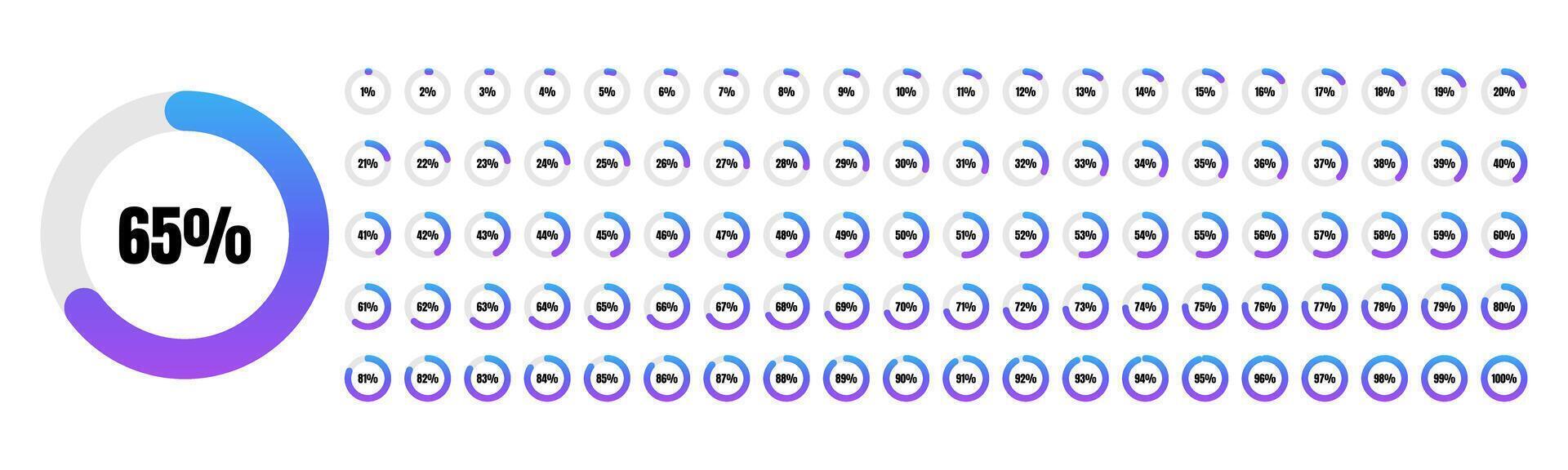 Infographic set of purple pie charts representing data segments from 0 to 100. Modern flat elements for statistics, analytics, loading progress indicators, dashboards, websites. vector