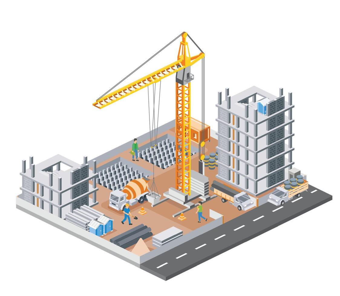 Isometric skyscraper construction site with workers, tower crane, trucks, and building frames. Modern urban architecture and engineering process in progress. Illustration. vector