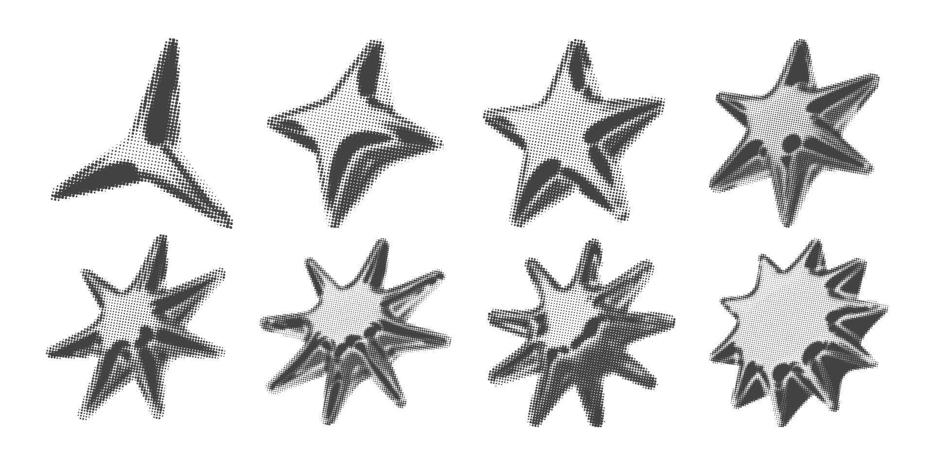 Y2k 3d chrome halftone stars shape retro abstract elements illustrations set vector