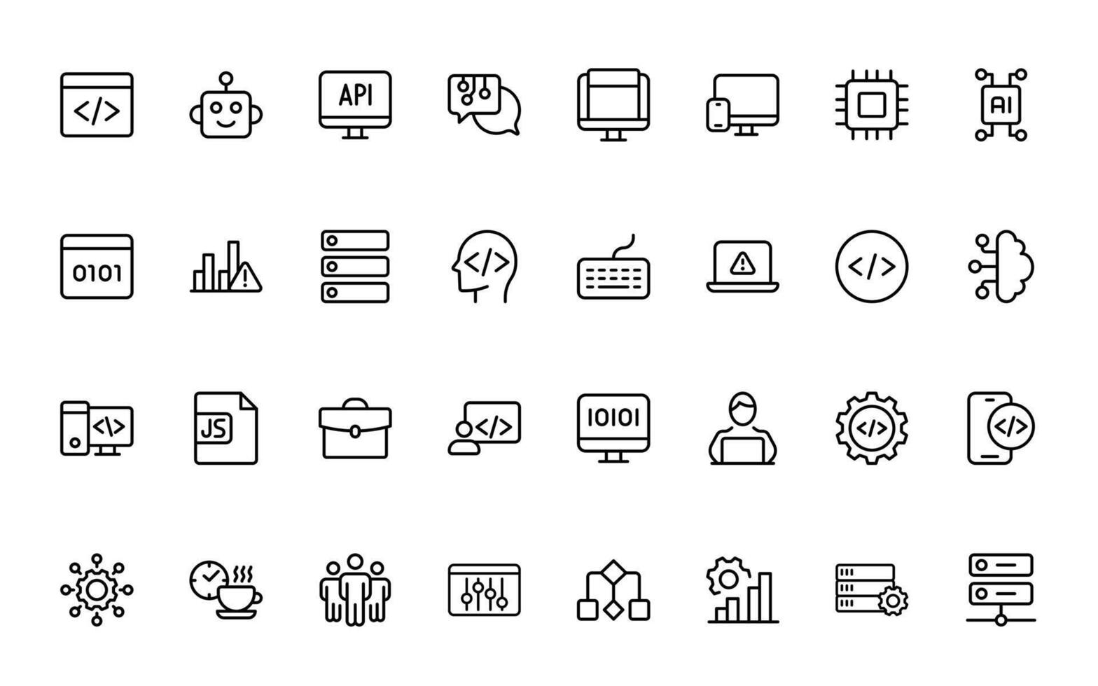 programación codificación conjunto de web íconos en línea estilo. software desarrollo íconos para web y móvil aplicación programador, desarrollador, información tecnología, descifrador y más. vector