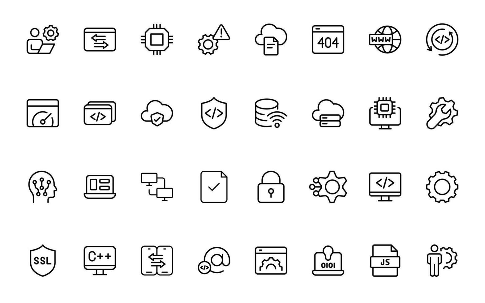 programación codificación conjunto de web íconos en línea estilo. software desarrollo íconos para web y móvil aplicación código, API, programador, desarrollador, información, descifrador y más. vector