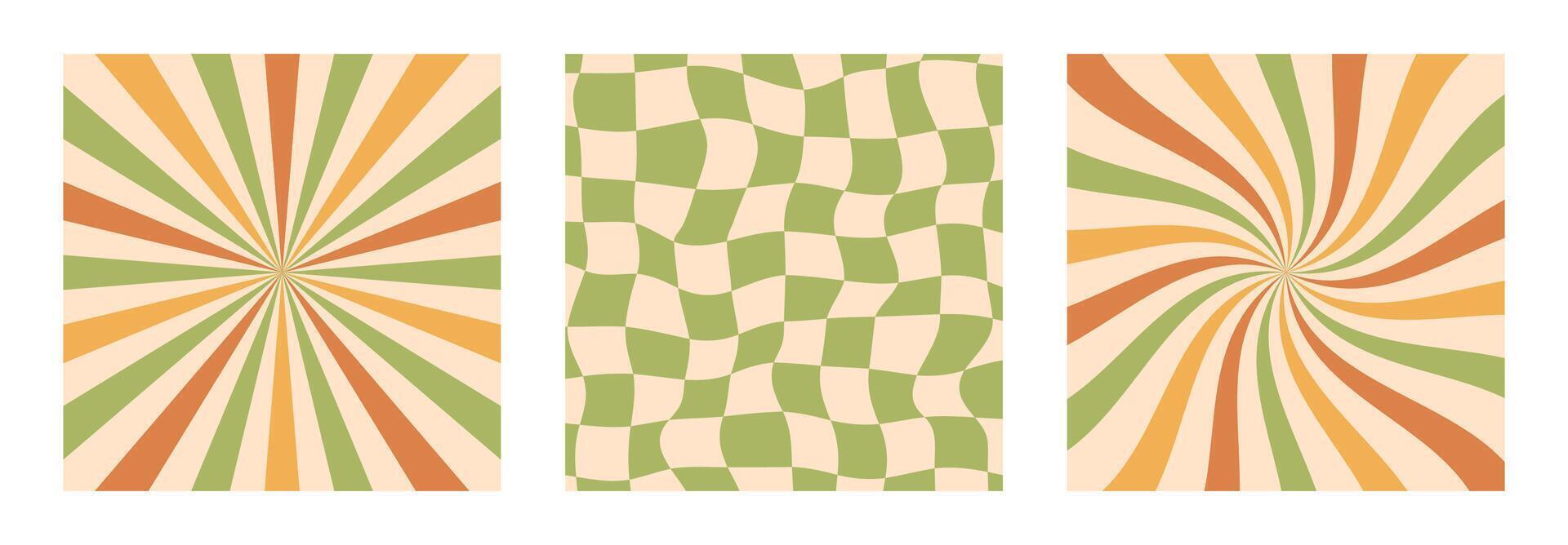 Set of abstract retro backgrounds with rays, waves, and checkered patterns in green, orange colors. Vintage optical illusion style design. Perfect for posters, print, banners with a 70s aesthetic. vector