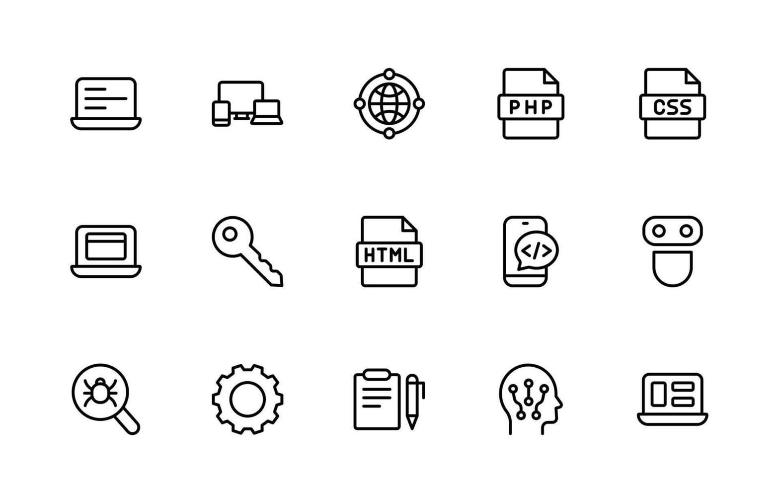 Programming coding set of web icons in line style. Software development icons for web and mobile app. Code, api, programmer, information technology, coder and more. vector