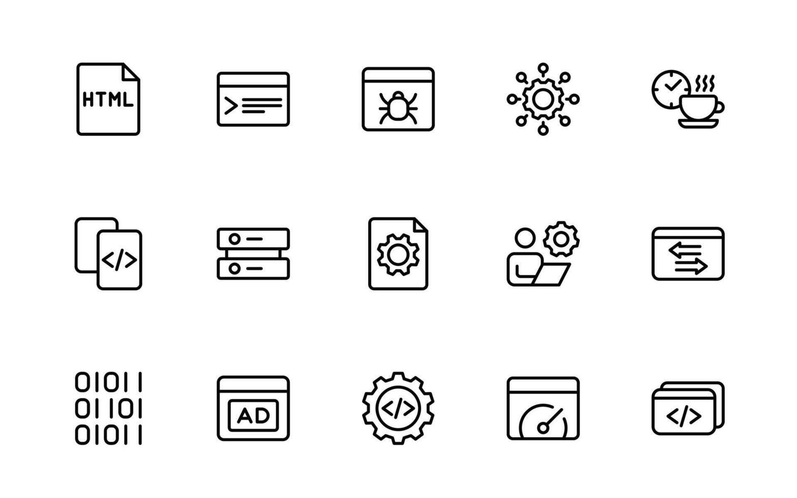 programación codificación conjunto de web íconos en línea estilo. software desarrollo íconos para web y móvil aplicación código, API, programador, desarrollador, información tecnología, descifrador más. vector
