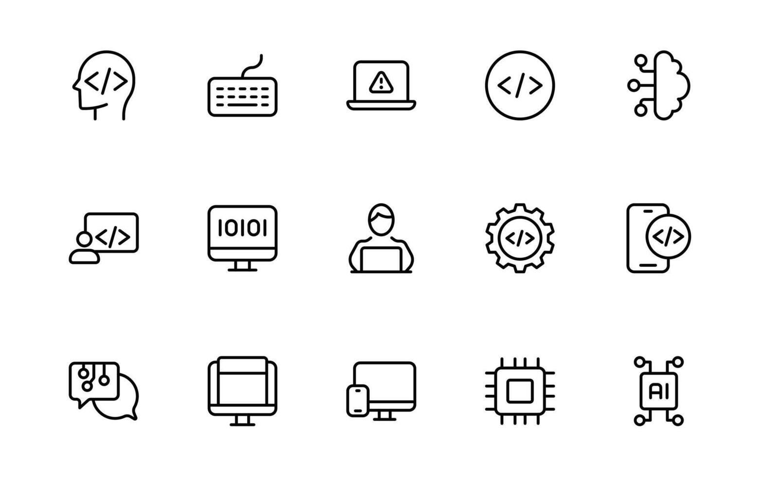 Programming coding set of web icons in line style. Software development icons for web. programmer, technology, coder and more. vector