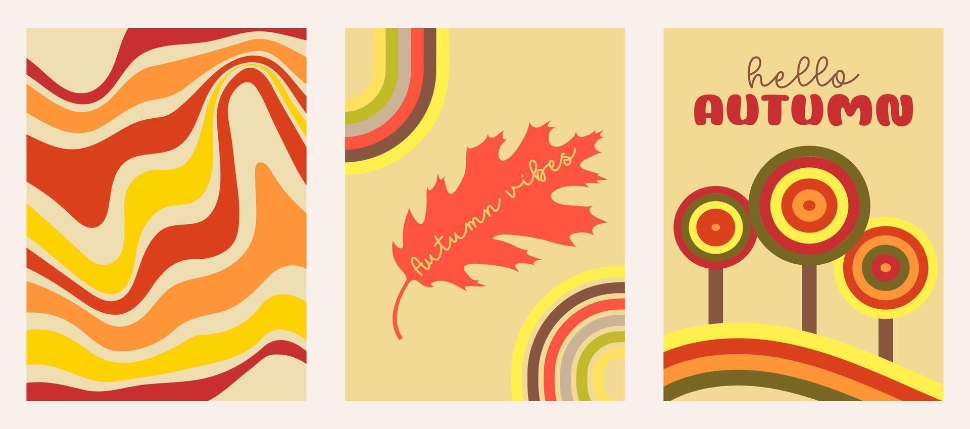 Autumn Retro Background in Groovy Style Set vector