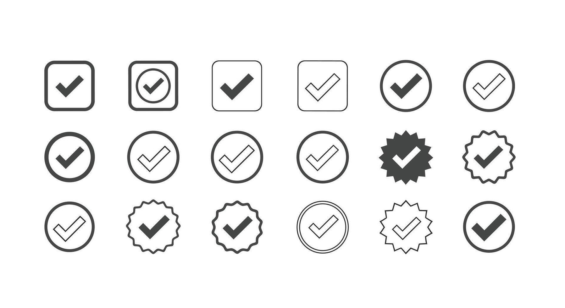 Collection of Check Mark Icons with Different Styles, including Circles, Squares, and Starbursts, Ideal for UI UX Design and Websites vector