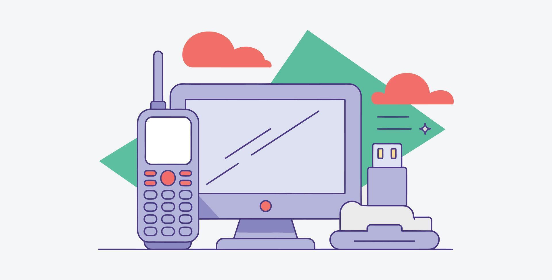 Retro technology devices vecillustration with computer phone and usb vector