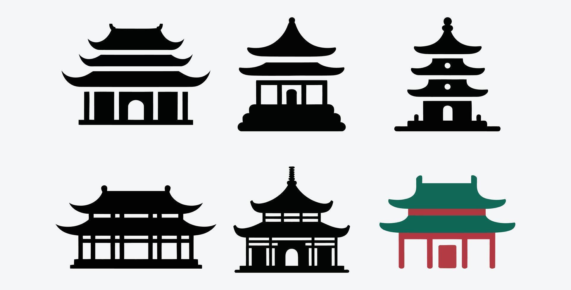 Set of stylized pagoda buildings in format with color vector