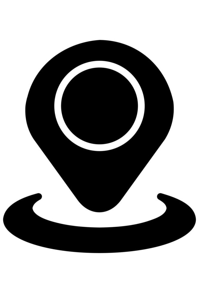 Solid black GPS location pin with a radius area. Minimalist map marker showing proximity or coverage. Navigation symbol with pin and surrounding arc. vector