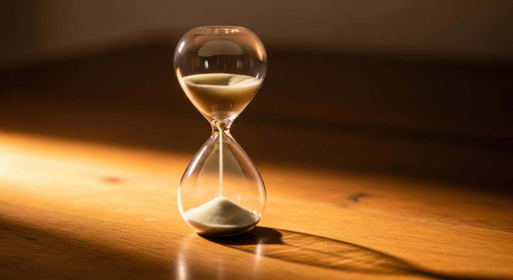 Close-up of a glass hourglass with sand gently falling, placed on a wooden table with warm, soft lighting against a dark background, creating a serene and timeless atmosphere in a minimalist style. photo