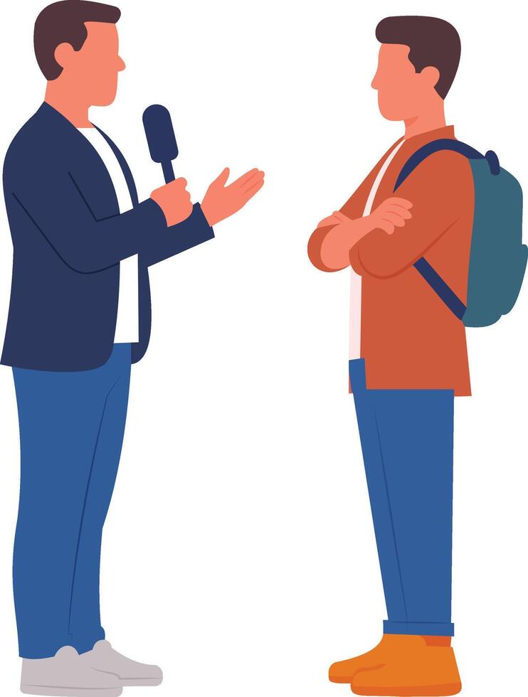 Street Interview, Journalist with Microphone Interrogating Man in Casual Attire vector