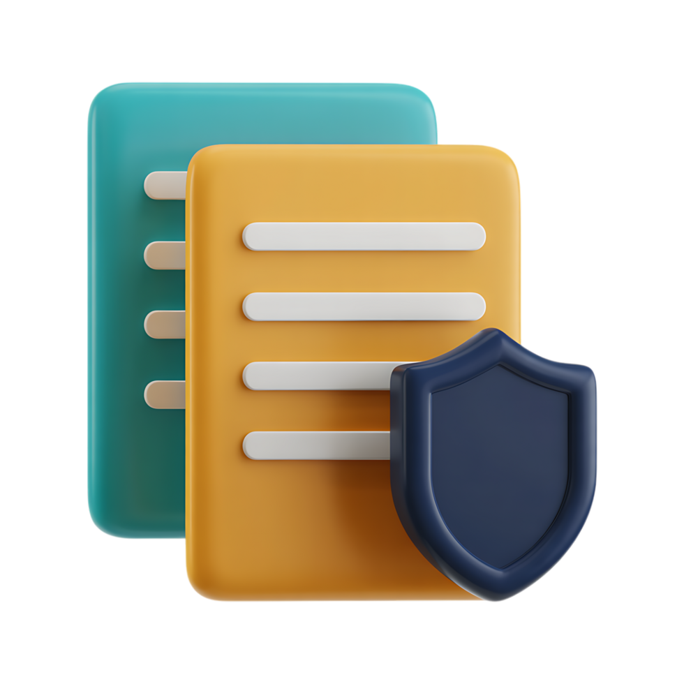 3D illustration of document files with a shield, representing data protection and security. png