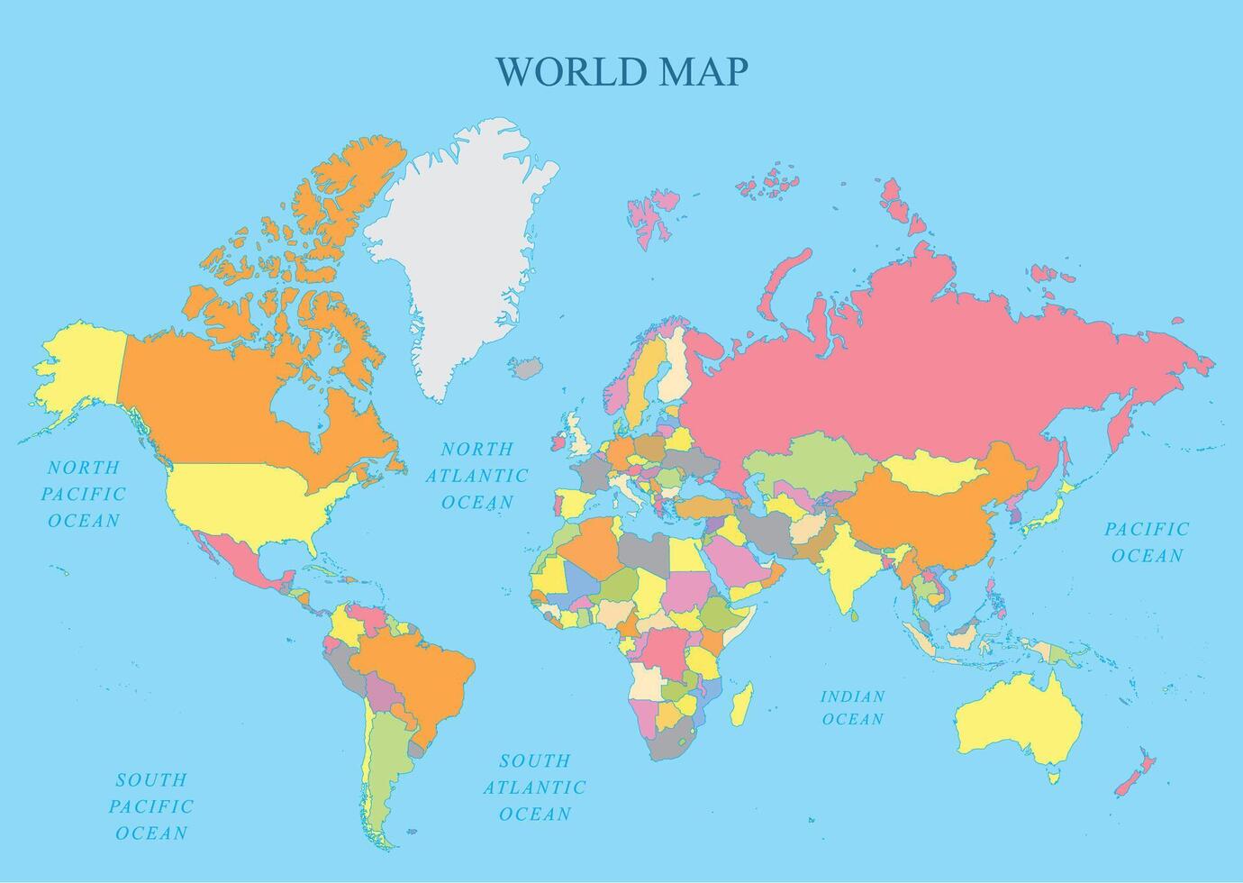 World Map in Colorful Countries with Visible Geographic Borders, Colored World Map vector