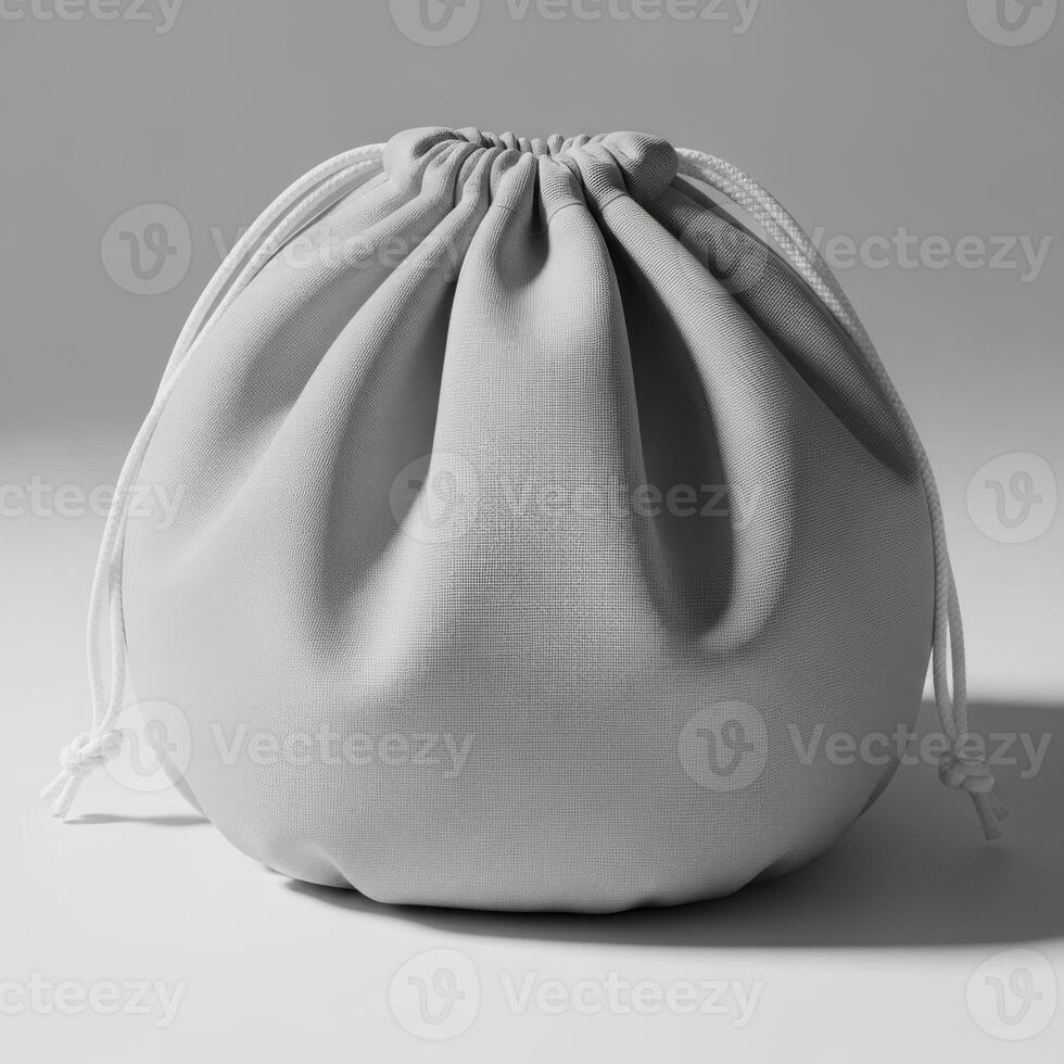A soft grey fabric drawstring pouch with its opening cinched closed presented isolated on white background photo