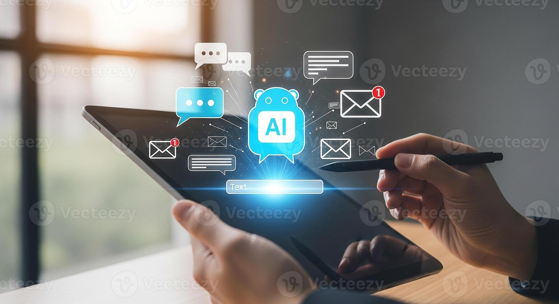 Person using a stylus on a digital tablet, interacting with an AI-powered messaging interface in a modern office setting, showcasing seamless communication and innovative technology photo