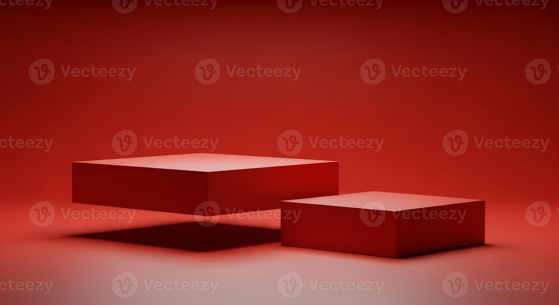 Two red square boxes levitate in a minimalist red studio, creating a modern and abstract display for product presentation or design inspiration The floating cubes showcase a sense of balance and calm, photo