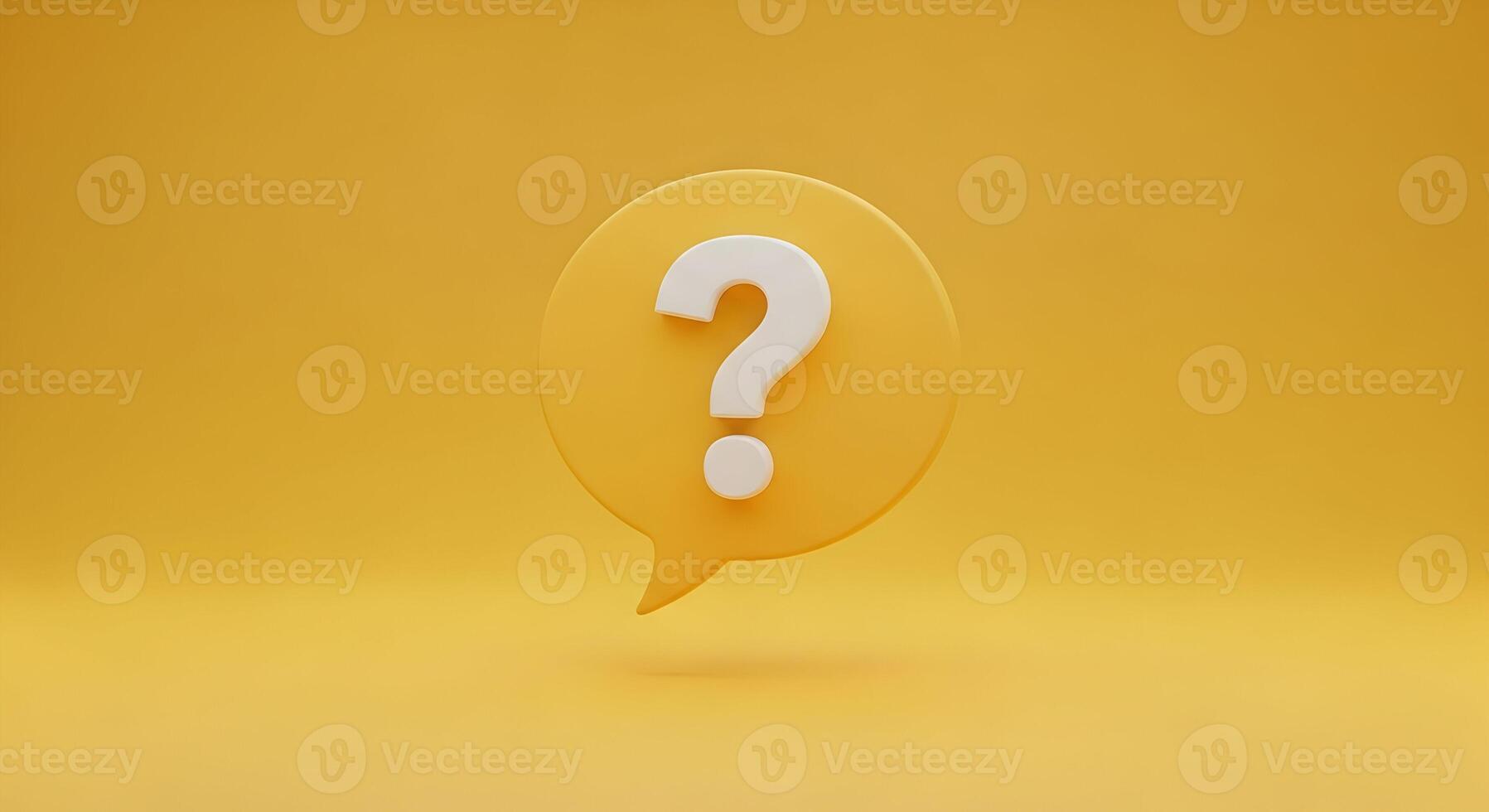 White question mark symbol in a yellow speech bubble, floating against a yellow background Concept of inquiry, question, query, problem, solution, uncertainty, doubt, and FAQ photo