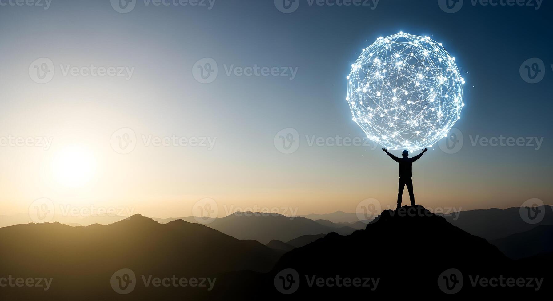 Silhouette of a man holding glowing network sphere at sunset on mountain peak, symbolizing global connection and digital success The image conveys concepts of leadership, innovation, and technological photo