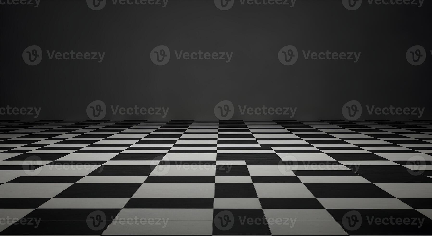Black and white checkered floor in a dark room, creating a dramatic and mysterious atmosphere, ideal for backgrounds or design projects needing a strong visual contrast and geometric pattern photo