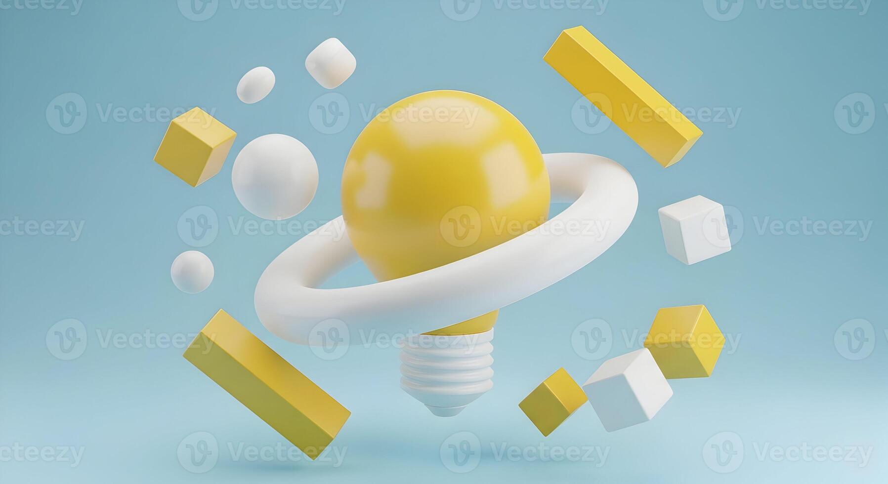 Abstract 3D rendering of a yellow lightbulb surrounded by white and yellow geometric shapes, symbolizing innovation and creativity in a minimalist blue setting The image evokes a sense of playful inge photo