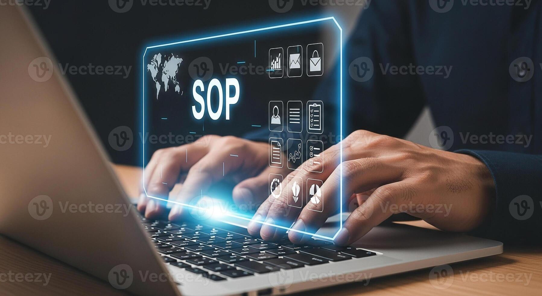 Person working on laptop computer, implementing SOP, in a modern office, improving business efficiency and workflow photo