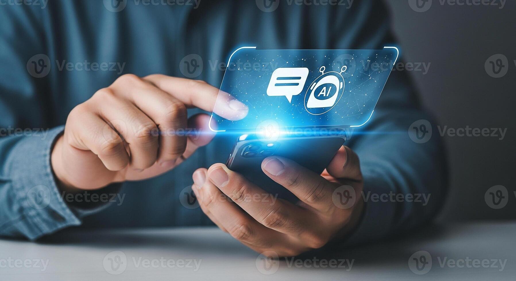 Man using AI powered smartphone app for messaging, innovative technology in modern office, future communication concept photo