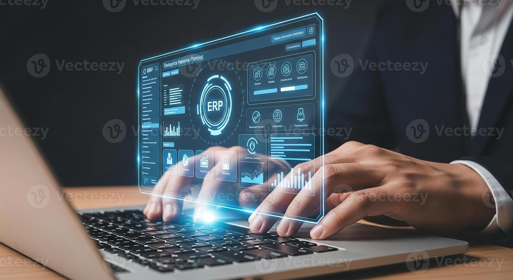 Businessperson analyzing data using ERP software on a laptop, working late in a modern office, striving for efficiency and success photo