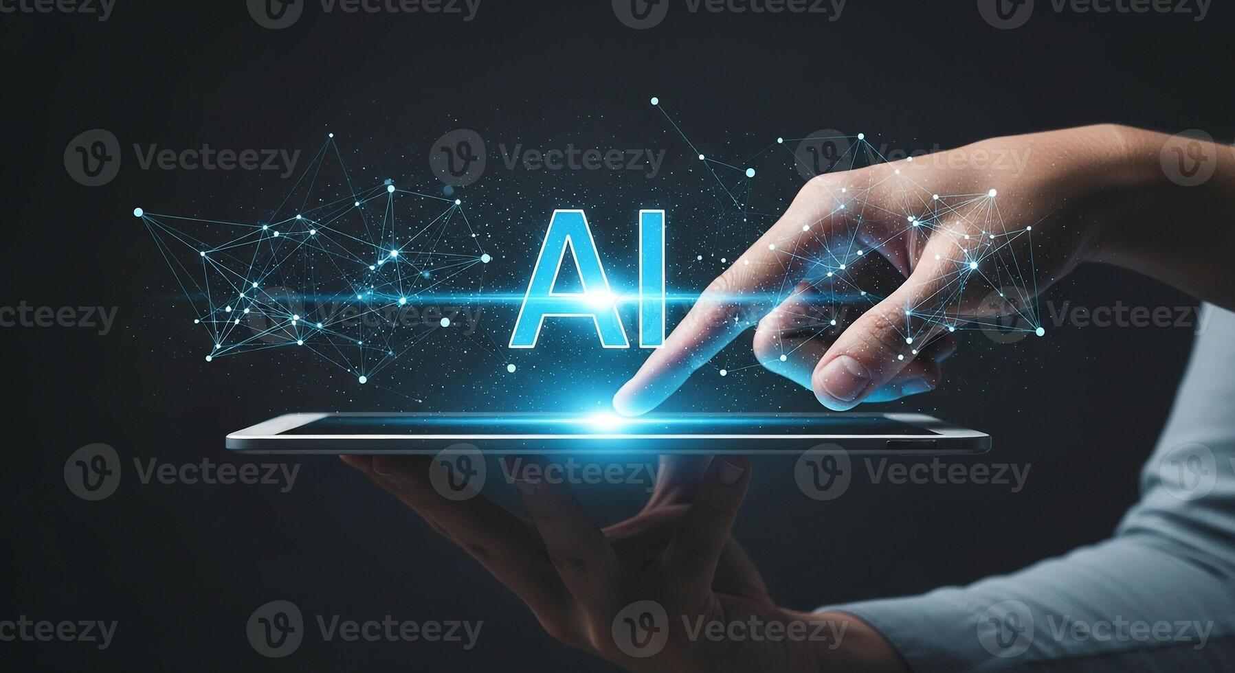 Person activating AI interface on a digital tablet innovative technology concept futuristic setting glowing network connections The image depicts a hand interacting with a holographic AI interface pro photo