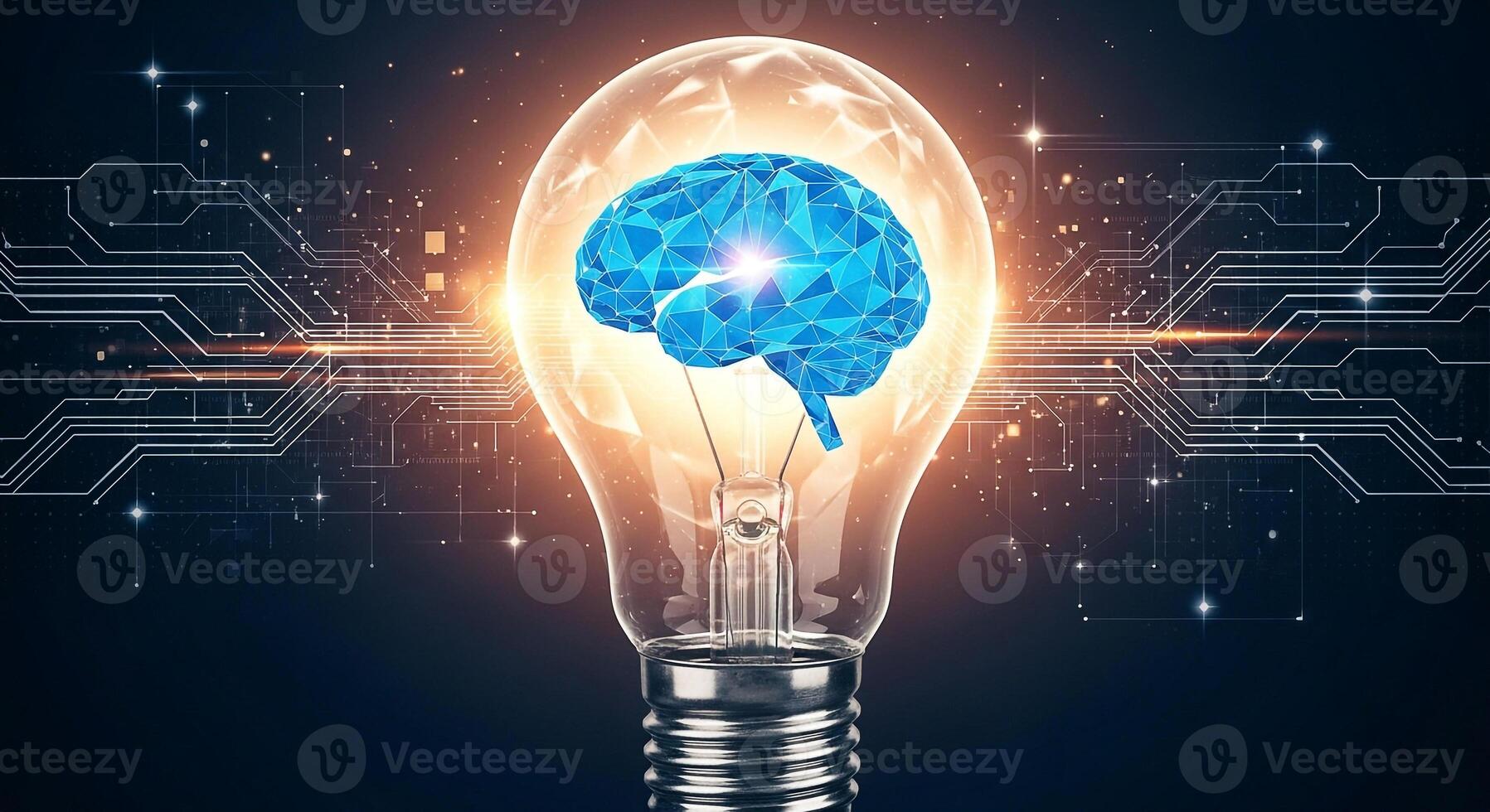 Abstract glowing lightbulb with a blue polygonal brain inside symbolizing intelligence innovation and technology in a digital circuit background This image represents creativity ideas and problem-solv photo