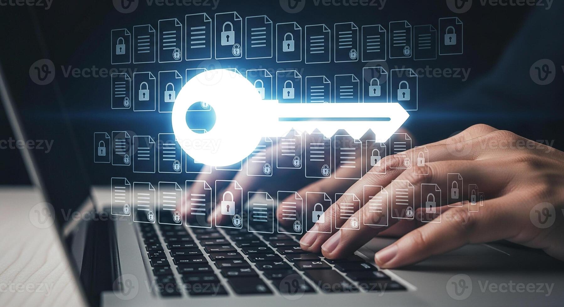 Hands typing on laptop keyboard with digital key and secured files unlocking data access symbolizing cybersecurity and digital privacy photo