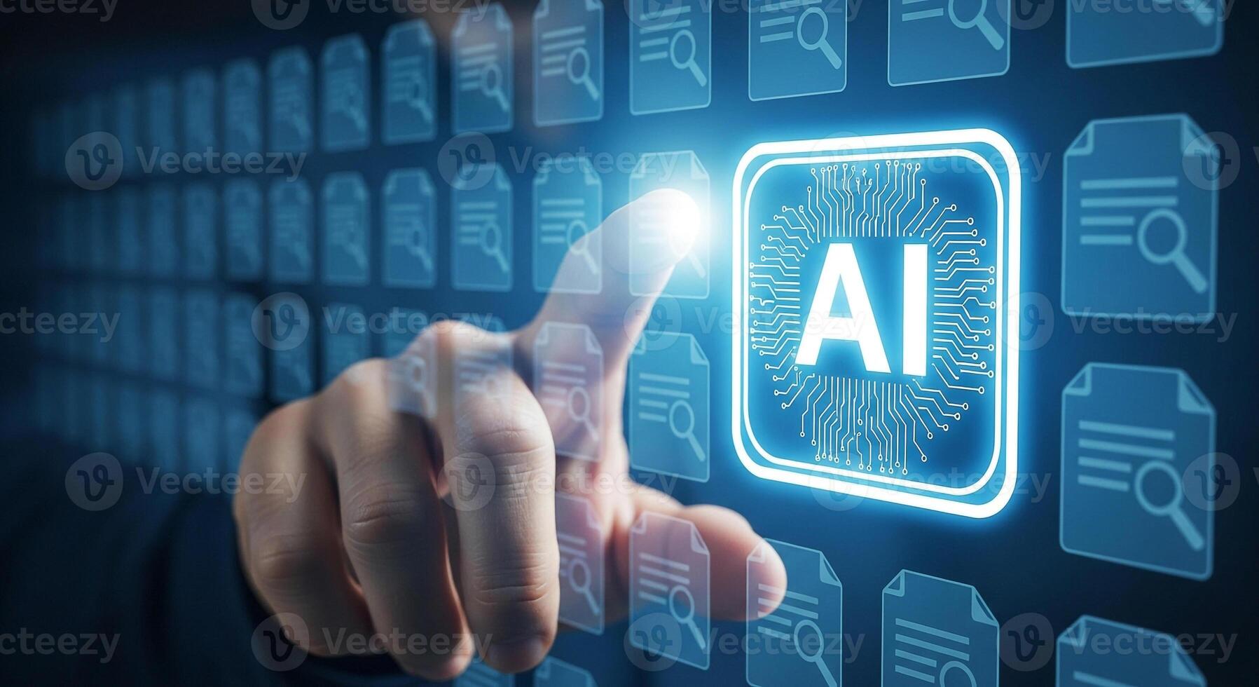 Hand Interacting with Futuristic AI Interface Selecting Data Files in a Digital Environment Concept of Artificial Intelligence and Big Data Analysis photo
