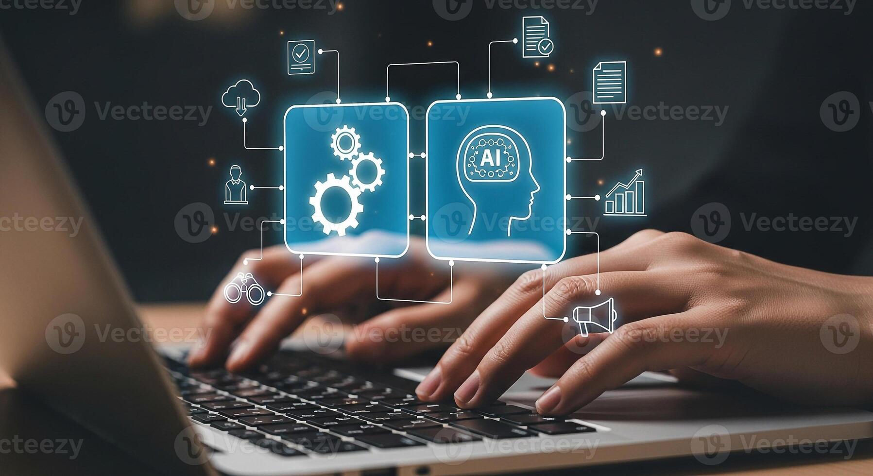 Person using laptop computer interacts with AI interface showing gears and brain signifying artificial intelligence machine learning and automation in a modern workplace setting The concept depicts in photo