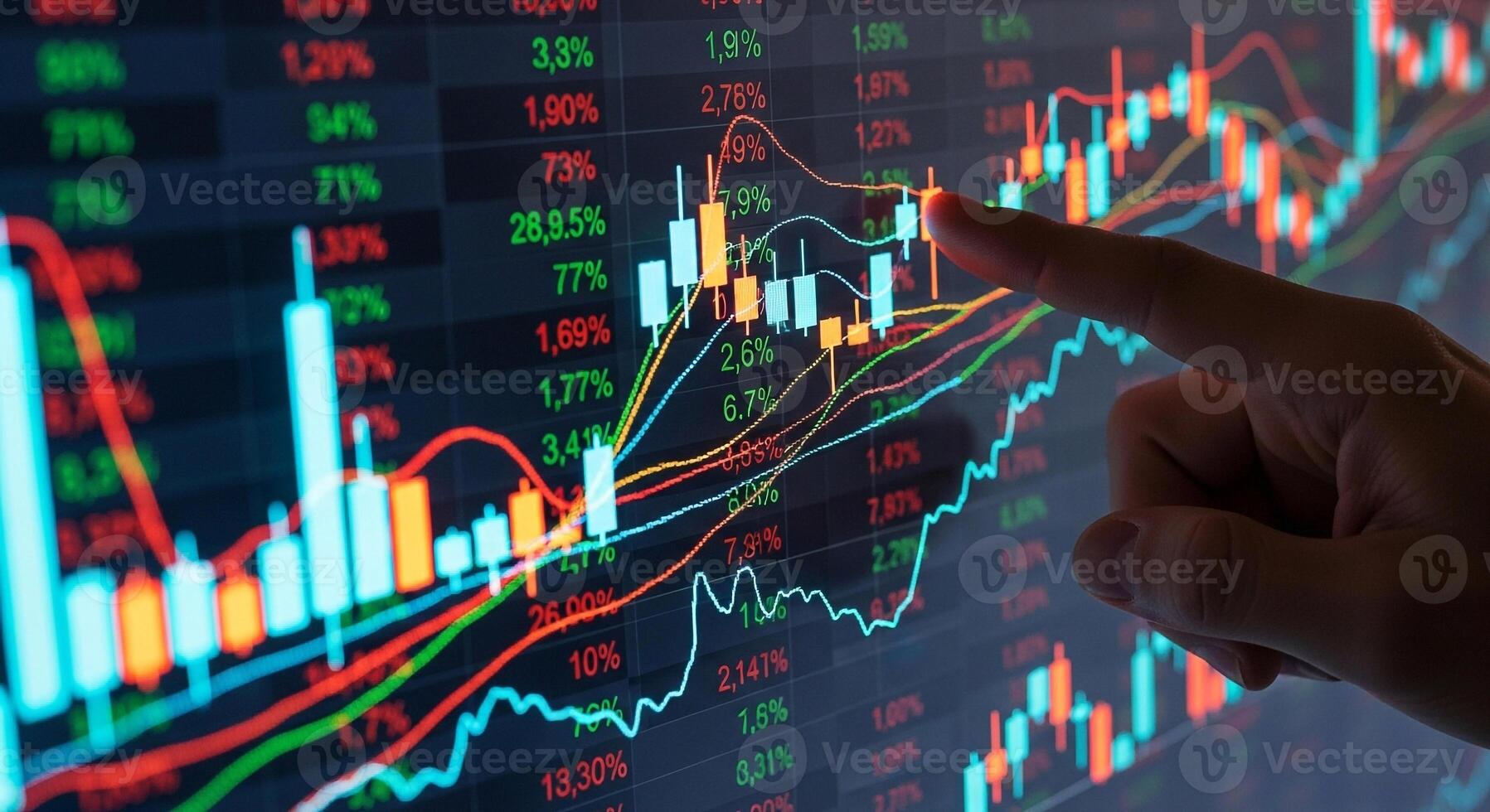 Close-up of a hand interacting with a financial data screen analyzing stock market trends and graphs showcasing investment and economic concepts in a technological setting photo