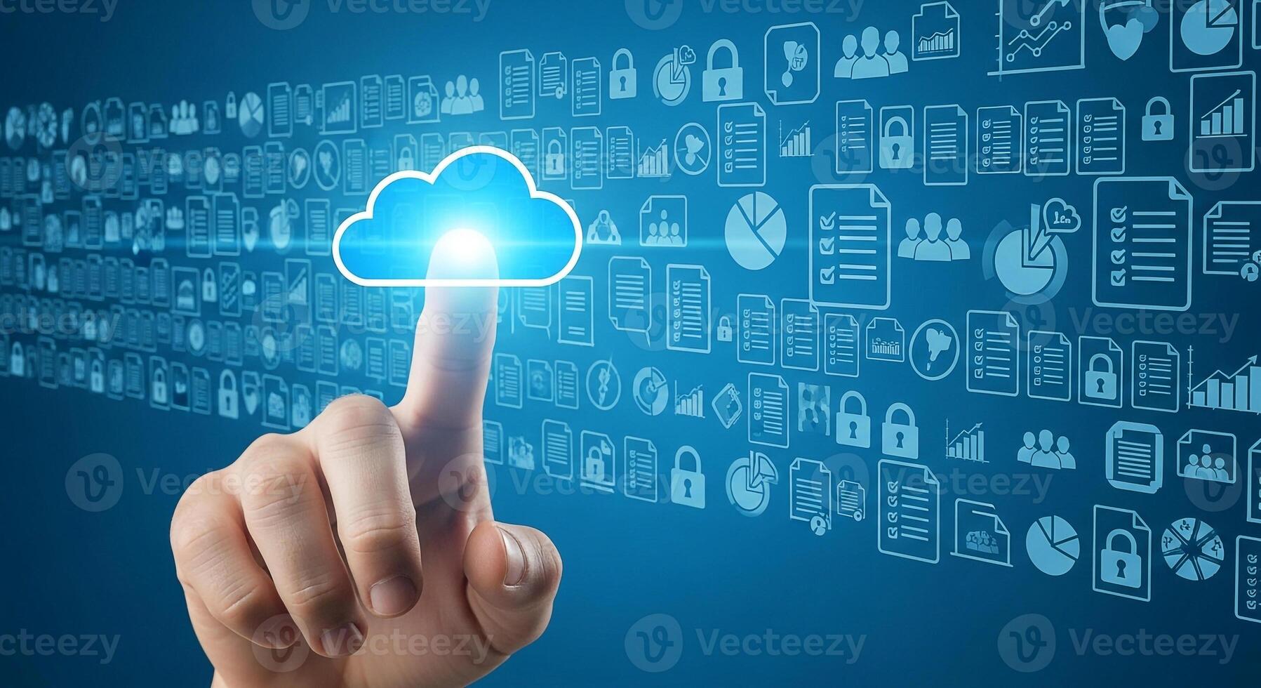 Hand Interacting with Cloud Computing Interface Accessing Digital Data Files and Information in a Secure Network Environment The image depicts innovative technology data storage and cybersecurity conc photo