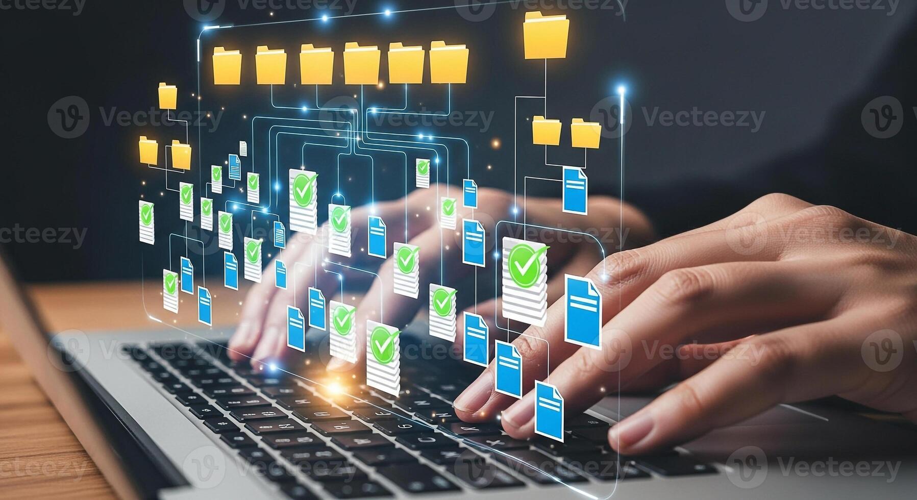 Person efficiently managing digital files and documents using a laptop showcasing a seamless workflow and organization in a modern workspace symbolizing productivity and digital efficiency photo