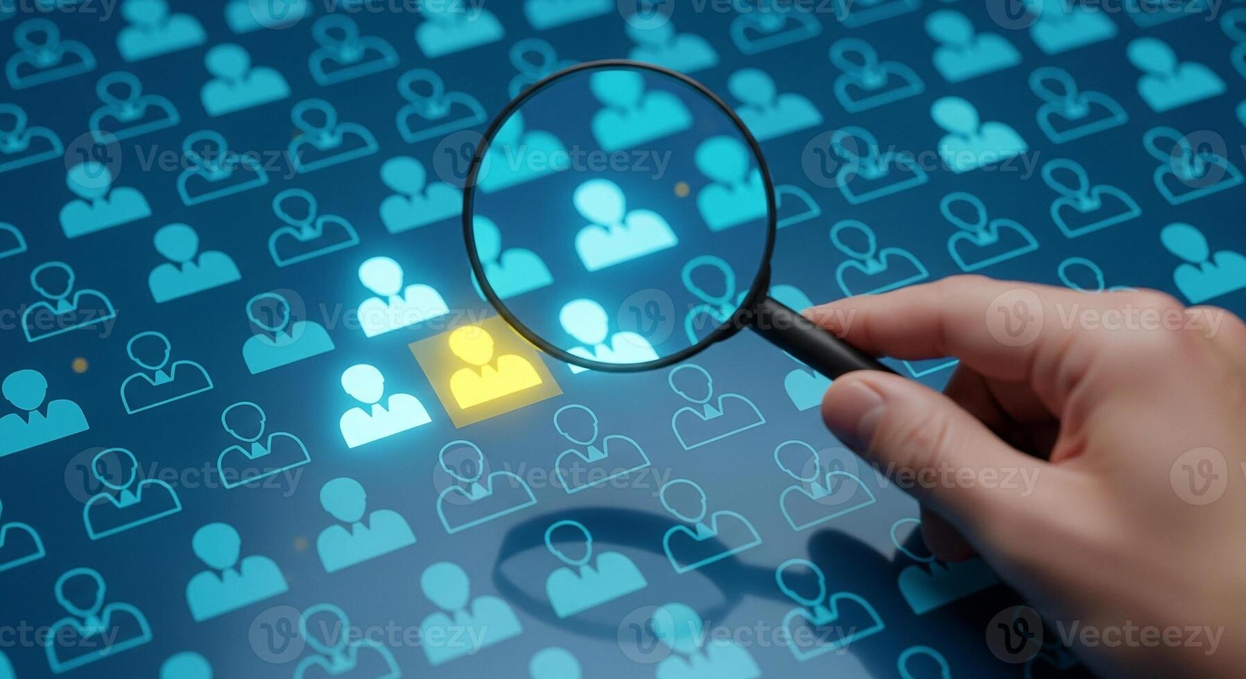Hand using magnifying glass to select a candidate from a digital screen filled with numerous profile icons symbolizing the process of recruitment and talent acquisition photo