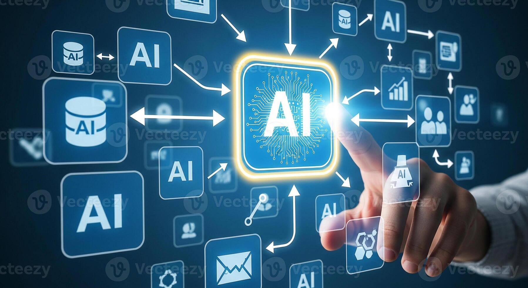 Hand Interacting with Futuristic AI Interface Showing Network Connections and Data Processing for Technological Innovation photo