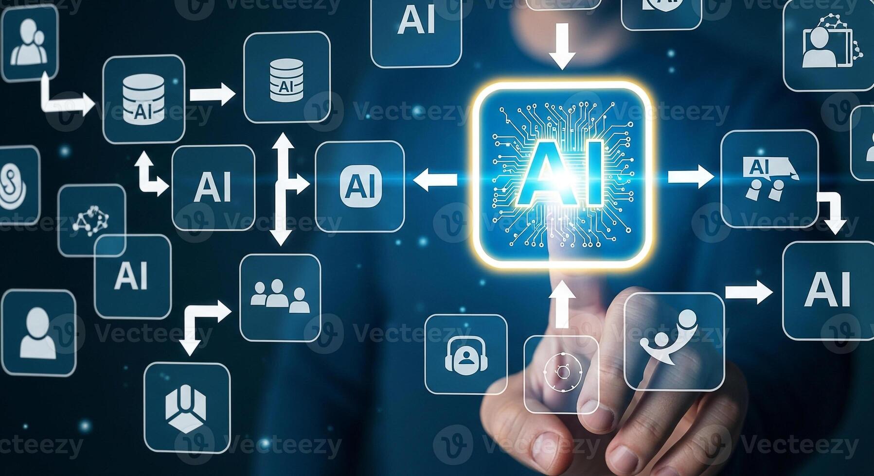 Person Interacting with AI Network Futuristic Technology Concept Artificial Intelligence Digital Transformation and Data Processing A hand interacts with a digital interface showcasing the interconnec photo