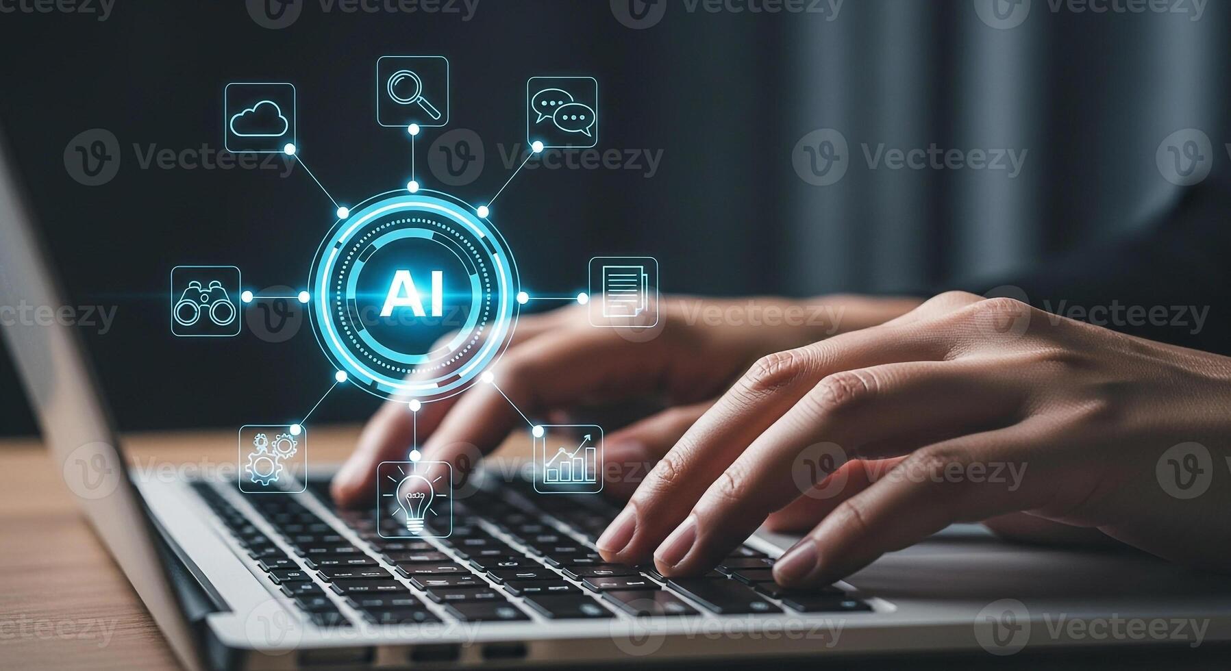 Person using laptop computer interacts with AI interface showing cloud computing data analysis and communication icons Futuristic technology concept image photo