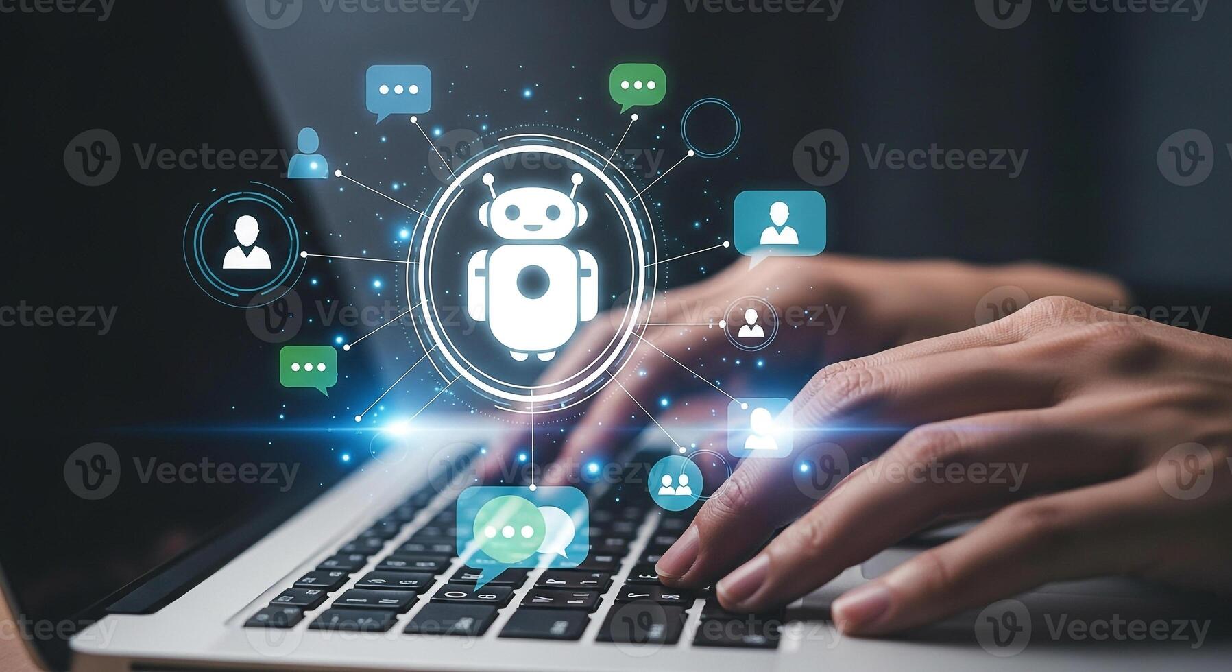 Person using laptop computer interacting with AI chatbot digital communication online customer support futuristic technology concept photo