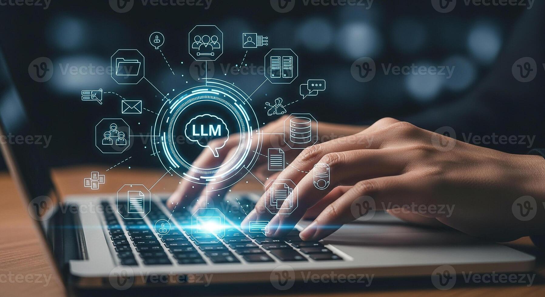 Person using laptop computer to access and process data via LLM futuristic digital workspace with glowing icons representing AI machine learning and data processing Concept of innovation and technolog photo