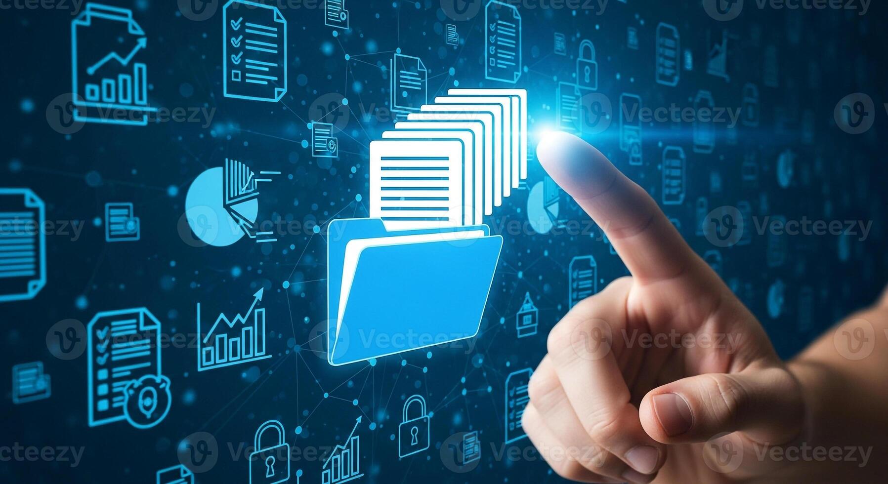 Hand interacting with digital interface showing documents files folders charts and graphs representing data management analysis and digital transformation in a futuristic setting The image conveys eff photo