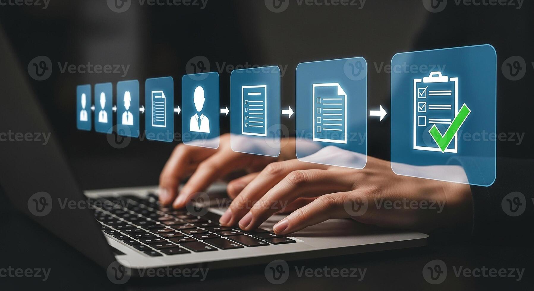 Person working on laptop computer managing a digital workflow of tasks and documents completing a checklist achieving success in a modern office photo