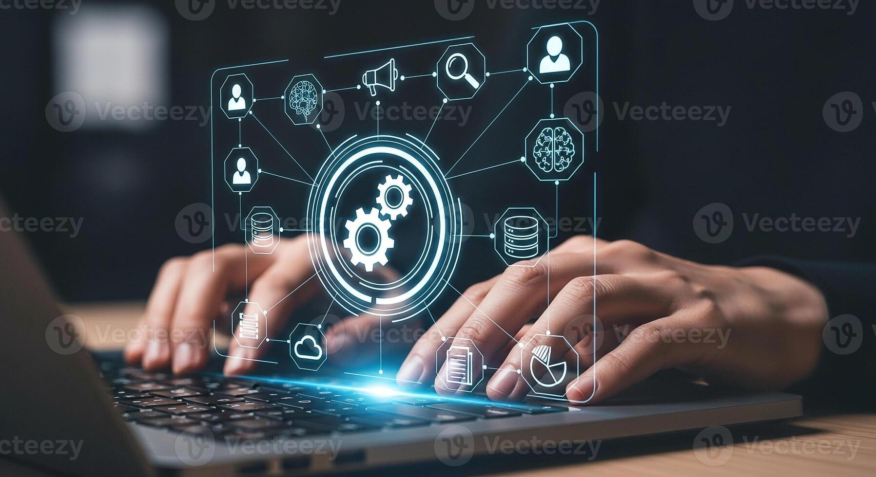 Person using laptop computer managing digital business processes network and data flow innovative technology concept photo